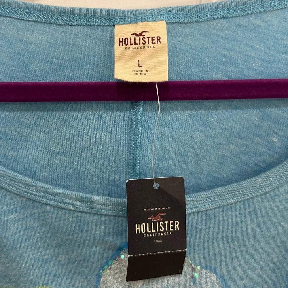 New! Hollister Aqua Blue Sequin & Glitter Floral Print Short Sleeve Tee *Flaw* L - Picture 5 of 10